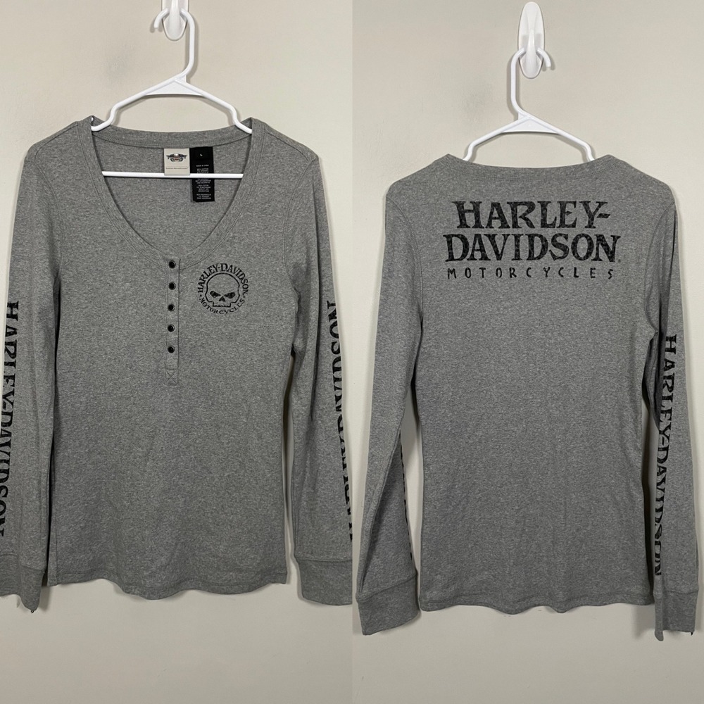 Harley Davidson Skull Snap Front Long Sleeve Henley Size Large